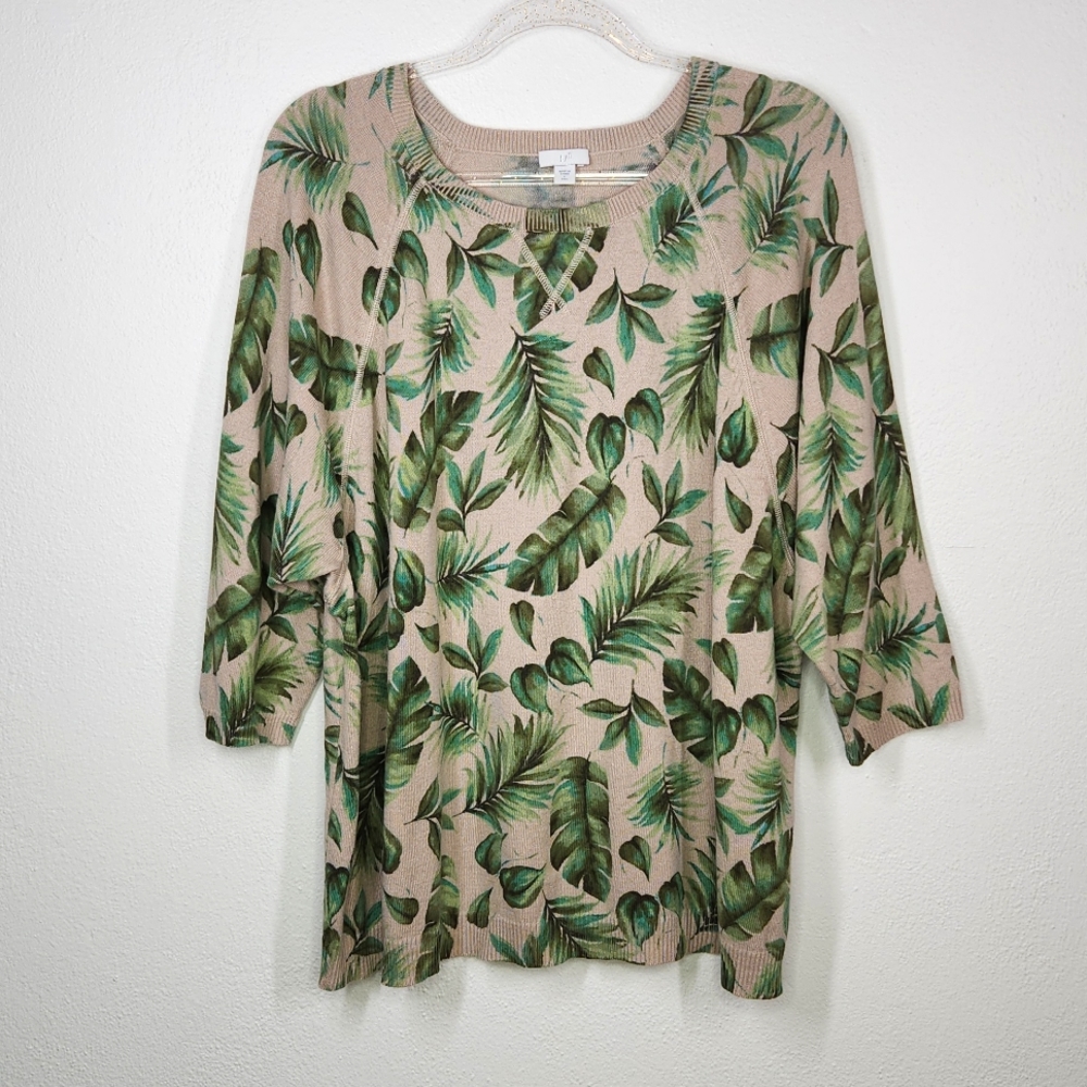 J.Jill Palm-Leaf Printed Sweater in Pink Salt Royal Palms Size Large Tall - Picture 3 of 11